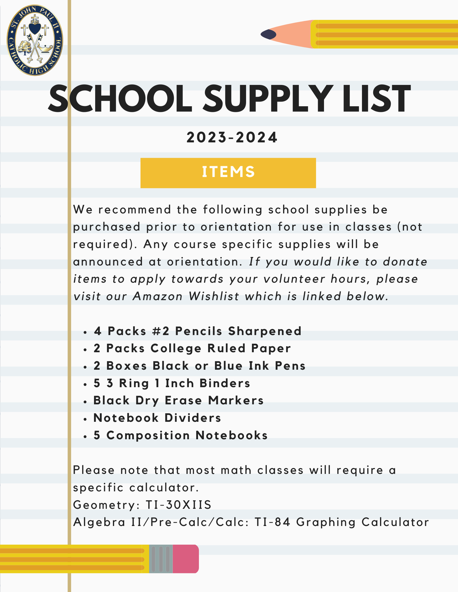 St. John Paul II Catholic High School  Tallahassee Supply List and   Wishlist 23-24